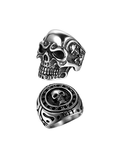 OIDEA 2Pcs Bikers Stainless Steel Gothic Skulls Ring,Black Silver, Size 8-15