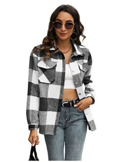 UANEO Womens Casual Plaid Wool Blend Button Down Long Sleeve Shirt Jacket Shackets
