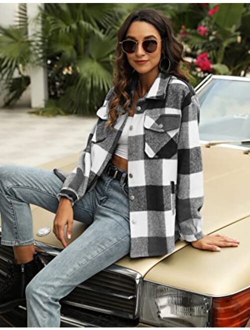 UANEO Womens Casual Plaid Wool Blend Button Down Long Sleeve Shirt Jacket Shackets