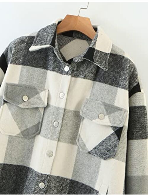 UANEO Womens Casual Plaid Wool Blend Button Down Long Sleeve Shirt Jacket Shackets