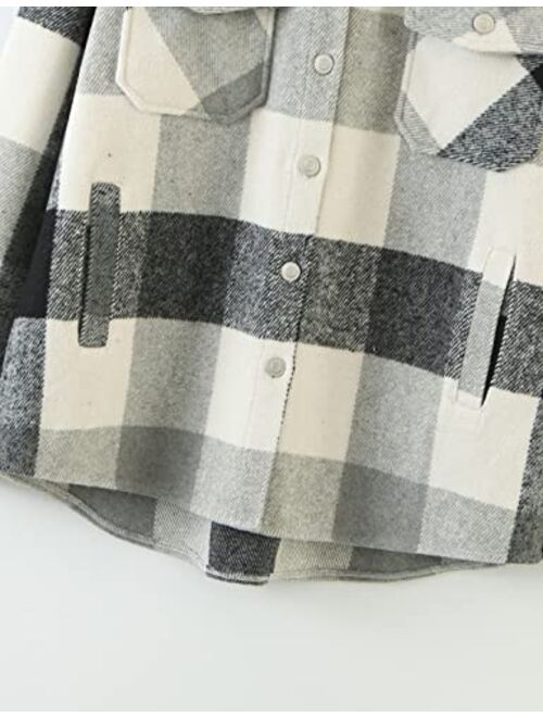 UANEO Womens Casual Plaid Wool Blend Button Down Long Sleeve Shirt Jacket Shackets