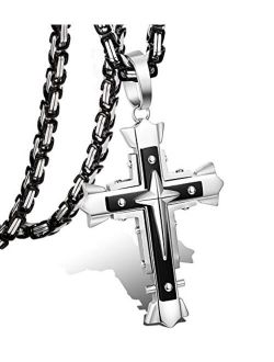 LOLIAS 5MM Stainless Steel Cross Pendant Necklace Men Byzantine Chain Necklace 22-30 Inches