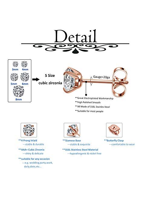 Top Plaza Hypoallergenic Stainless Steel Stud Earrings Round Cubic Zirconia CZ Earring Set for Women Men 3mm-8mm