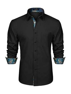 Men's Inner Contrast Casual Shirts Formal Classic Button Down Dress Shirt Long Sleeve Printed Collar Slim Fit
