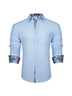 Men's Inner Contrast Casual Shirts Formal Classic Button Down Dress Shirt Long Sleeve Printed Collar Slim Fit