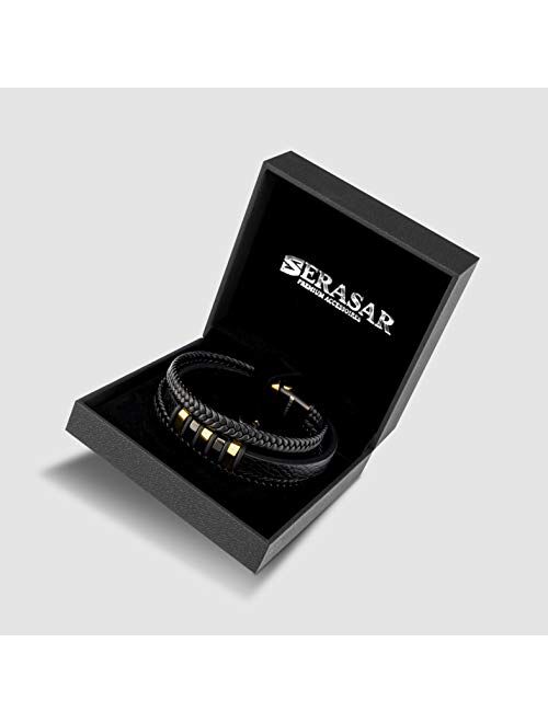 SERASAR | Premium Genuine Leather Bracelet [Glory] for Men in Black | Magnetic Stainless Steel Clasp in Silver and Gold | Exclusive Jewelry Box | Great Gift Idea