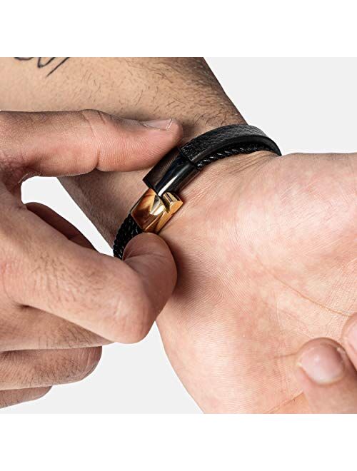 SERASAR | Premium Genuine Leather Bracelet [Glory] for Men in Black | Magnetic Stainless Steel Clasp in Silver and Gold | Exclusive Jewelry Box | Great Gift Idea