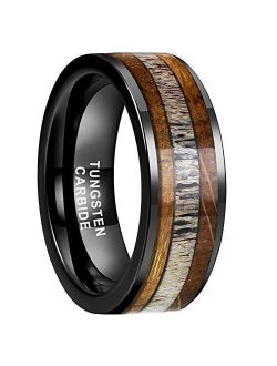 iTungsten 8mm Silver/Black/Rose Gold Tungsten Carbide Rings for Men Women Wedding Bands Whiskey Barrel Oak Wood Deer Antler Inlay Polished Shiny