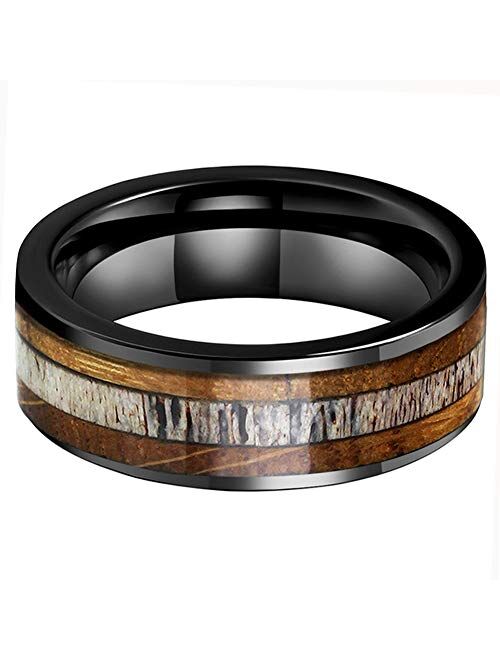 iTungsten 8mm Silver/Black/Rose Gold Tungsten Carbide Rings for Men Women Wedding Bands Whiskey Barrel Oak Wood Deer Antler Inlay Polished Shiny