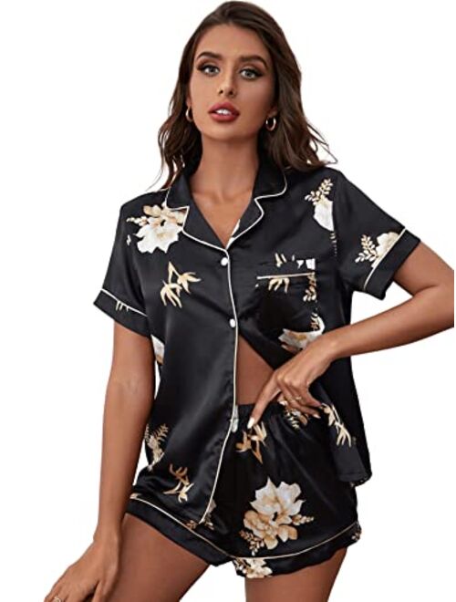 SweatyRocks Women's Stain Floral Print Button Down Pajama Sets 2 Piece Short Sleeve Silk Sleepwear Set Pajama Set for Women