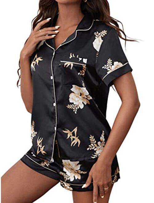 SweatyRocks Women's Stain Floral Print Button Down Pajama Sets 2 Piece Short Sleeve Silk Sleepwear Set Pajama Set for Women