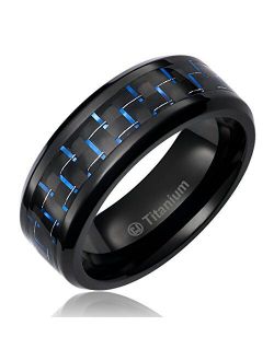 Cavalier Jewelers 8MM Mens Titanium Ring Wedding Band Black Plated with Black and Blue Carbon Fiber Inlay