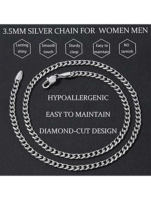 Fiusem 3.5mm Silver Chain for Men, Diamond Cut Stainless Steel Cuban Chain Necklace for Men Women, Mens Chain 16, 18, 20, 22, 24, 26, 28 Inch