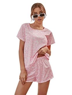 Women's Pajama Sets Heart Print Pajamas T Shirt and Shorts Soft Sleepwear Pjs Sets