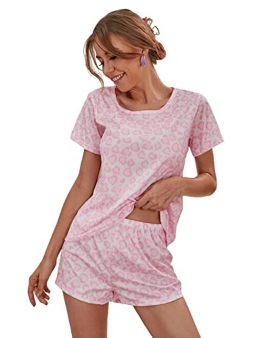 SweatyRocks Women's Pajama Sets Heart Print Pajamas T Shirt and Shorts Soft Sleepwear Pjs Sets