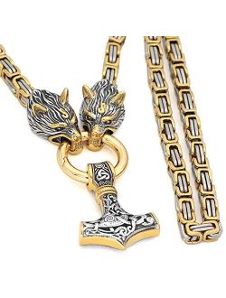 GuoShuang Men Wolf head norse viking amulet thor hammer pendant necklace -stainless steel king chain