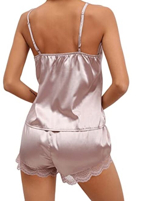 SweatyRocks Women's 2 Piece Pajama Set Lace Trim Cami Top and Shorts Satin Sleepwear