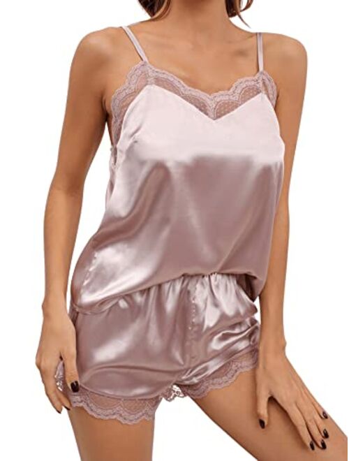 SweatyRocks Women's 2 Piece Pajama Set Lace Trim Cami Top and Shorts Satin Sleepwear