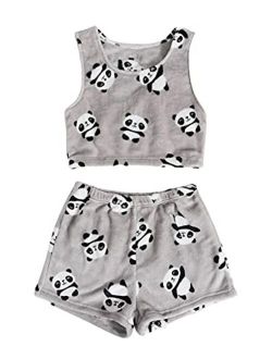 Women's Fuzzy Fleece Pajama Set Crop Tank Top with Shorts Set Sleepwear