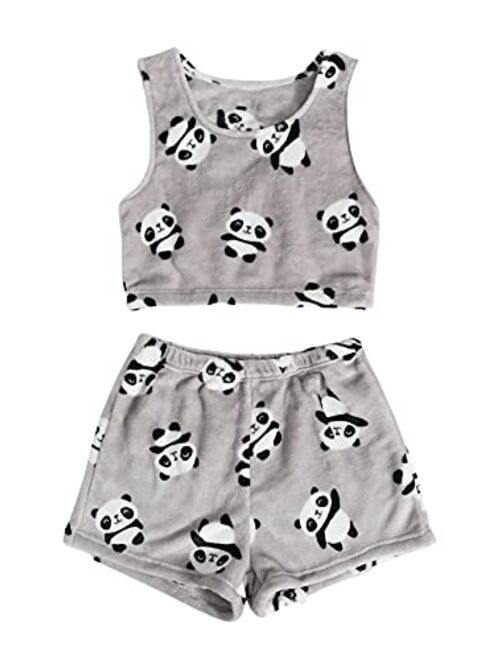 SweatyRocks Women's Fuzzy Fleece Pajama Set Crop Tank Top with Shorts Set Sleepwear