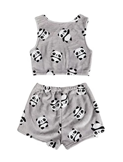 SweatyRocks Women's Fuzzy Fleece Pajama Set Crop Tank Top with Shorts Set Sleepwear