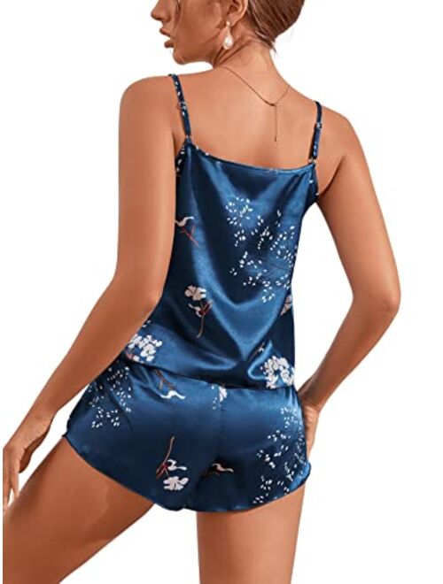 SweatyRocks Women's Satin Floral Sleepwear Set Cami Top and Elastic Waist Short Pajama Set