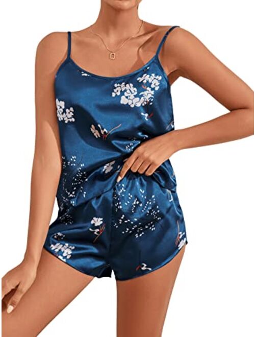 SweatyRocks Women's Satin Floral Sleepwear Set Cami Top and Elastic Waist Short Pajama Set