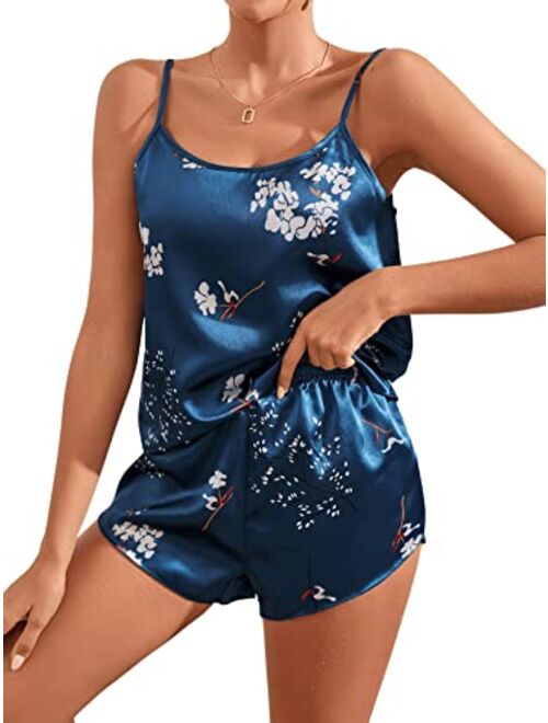 SweatyRocks Women's Satin Floral Sleepwear Set Cami Top and Elastic Waist Short Pajama Set