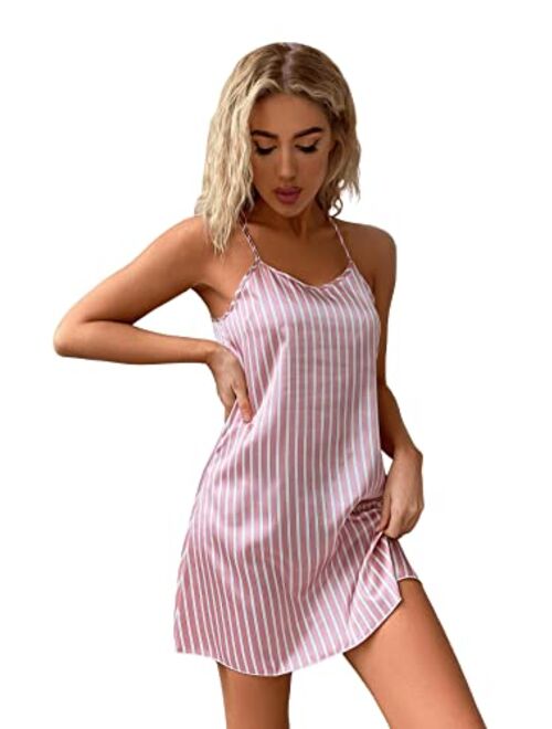SweatyRocks Women's Satin Striped Printed Cami Dress Nightgown Sleepwear Dress