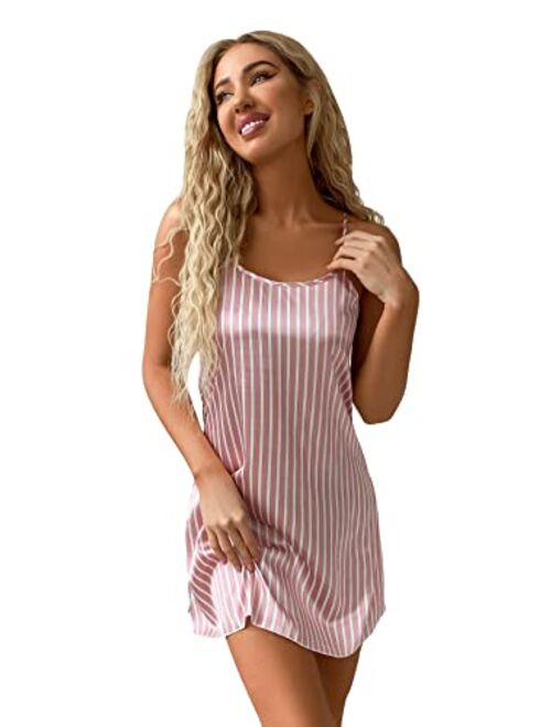 SweatyRocks Women's Satin Striped Printed Cami Dress Nightgown Sleepwear Dress