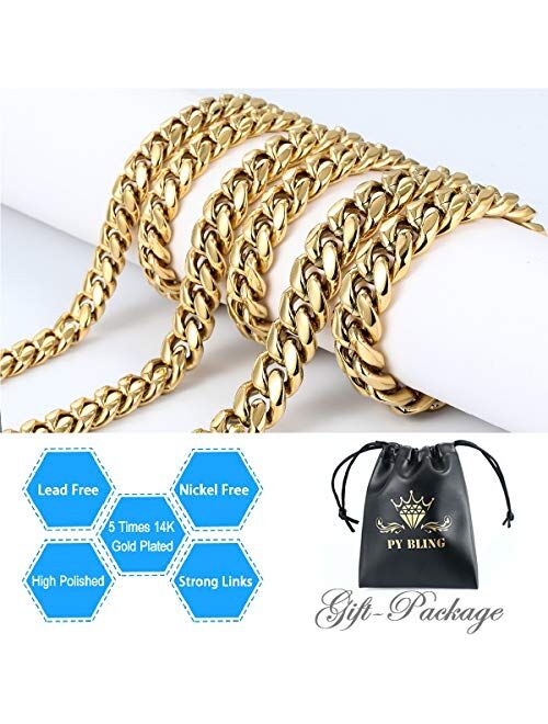 PY BLING Mens Heavy Miami Cuban Link Chain Choker 14k Gold Plated Hip Hop Thick Stainless Steel 8mm-16mm Necklace/Bracelet
