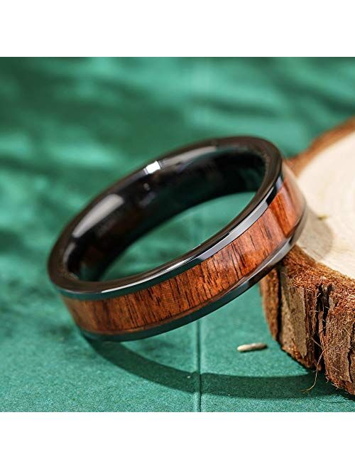 THREE KEYS JEWELRY 8MM 6MM Black Ceramic Wedding Ring with Antler Koa Wood Inlay Flat Wedding Band Ceramic Rings for Men Women