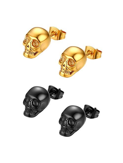 2 Pairs Punk Stainless Steel Stud Skull Earrings,Cupimatch Mens Silver Black Rock Ear Piercing Earrings