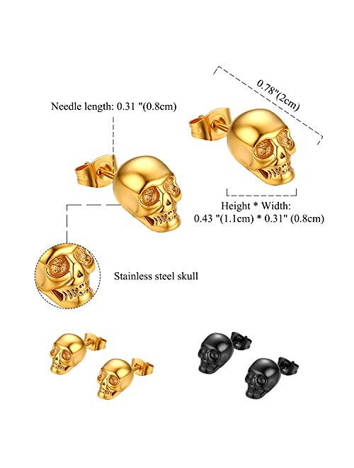 2 Pairs Punk Stainless Steel Stud Skull Earrings,Cupimatch Mens Silver Black Rock Ear Piercing Earrings