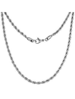 Silvadore 4mm Rope Mens Necklace - Silver Chain Twist Stainless Steel Jewelry - Neck Link Chains for Men Man Male Women Boys Girls - 18" 20" 22" 24" 26" 36" UK