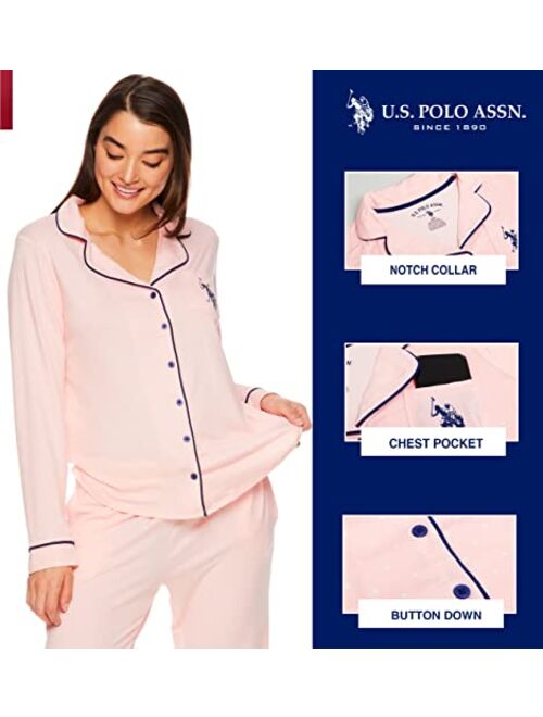 U.S. Polo Assn. Womens Notch Collar Pajama Set – Classic Button Down Pajamas for Women with Long Sleeve Top and Pajama Pants