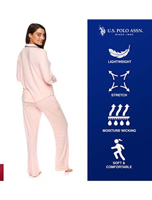 U.S. Polo Assn. Womens Notch Collar Pajama Set – Classic Button Down Pajamas for Women with Long Sleeve Top and Pajama Pants
