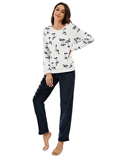SweatyRocks Women's Fuzzy Pajama Set Long Sleeve Sweatshirt and Pants Set Sleepwear