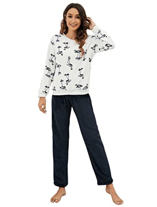 SweatyRocks Women's Fuzzy Pajama Set Long Sleeve Sweatshirt and Pants Set Sleepwear