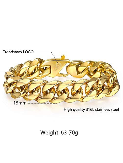 Trendsmax 11mm/15mm Men's 316L Stainless Steel Gold Chunky Curb Cuban Link Chain Bracelet Gifts for Men Boys 8 9 10 inch