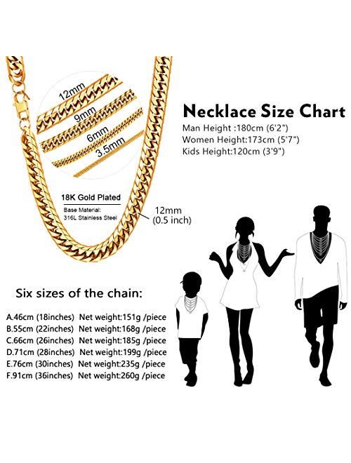 U7 Men Stainless Steel Franco Chain Curb Link Hip Hop Chunky Necklace Costume Jewelry 6MM 9MM 12MM Thick, Length 18-36 Inch, Silver Black Gold Color,Gift Packed