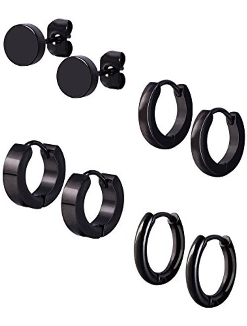 Mudder 4 Styles Stainless Steel Hoop Earrings Stud Earrings Huggie Piercing for Men and Women, 18 Gauge, 4 Pairs (Black)