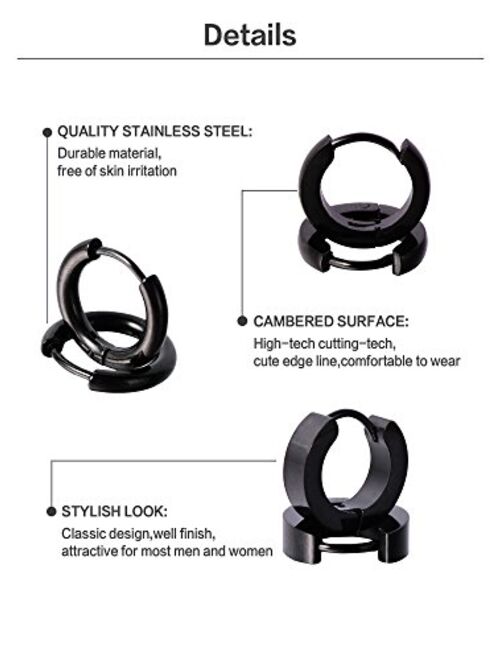 Mudder 4 Styles Stainless Steel Hoop Earrings Stud Earrings Huggie Piercing for Men and Women, 18 Gauge, 4 Pairs (Black)