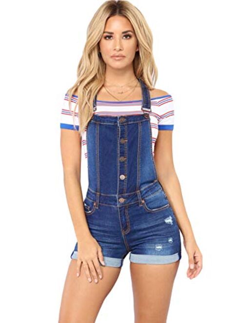 Itemnew Women's Adjustable Strap Button Front Shortalls Ripped Short Denim Jeans Overall