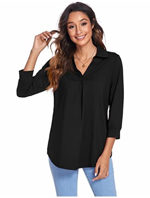 Newchoice Womens Collared V Neck 3/4 Sleeve Shirts Business Casual Tops Loose Work Blouses