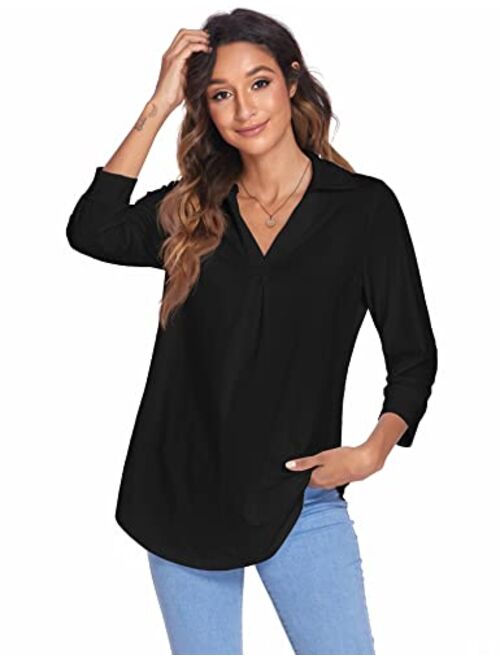Newchoice Womens Collared V Neck 3/4 Sleeve Shirts Business Casual Tops Loose Work Blouses