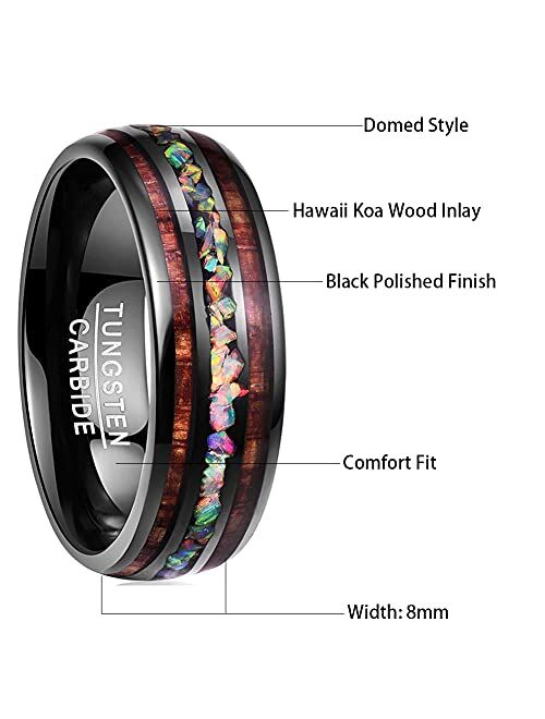 NUNCAD 6mm/8mm Handmade Tungsten Wedding Ring with Hawaii Koa Wood Domed Black Tungsten for Men Women Sets Size 5-17