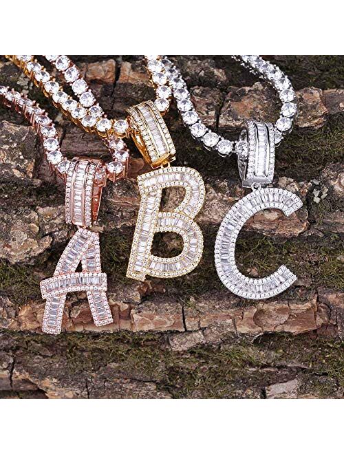 GUCY Baguette Initial Letter Necklace Women/Men Iced Out Initial Letter Pendant Necklace with 24" Rope Chain