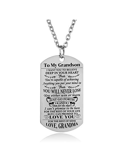 YEEQIN Grandson Necklace Love Grandson Dog Tag Believe Inspirational Gifts from Grandma Grandmother to Grandson Birthday Graduation Gifts
