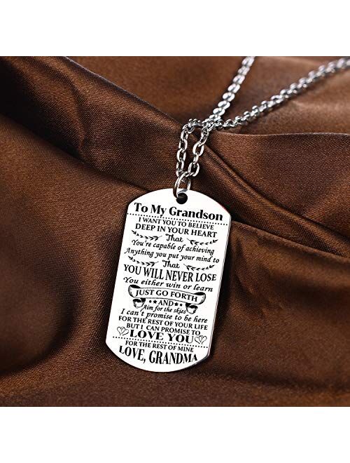 YEEQIN Grandson Necklace Love Grandson Dog Tag Believe Inspirational Gifts from Grandma Grandmother to Grandson Birthday Graduation Gifts